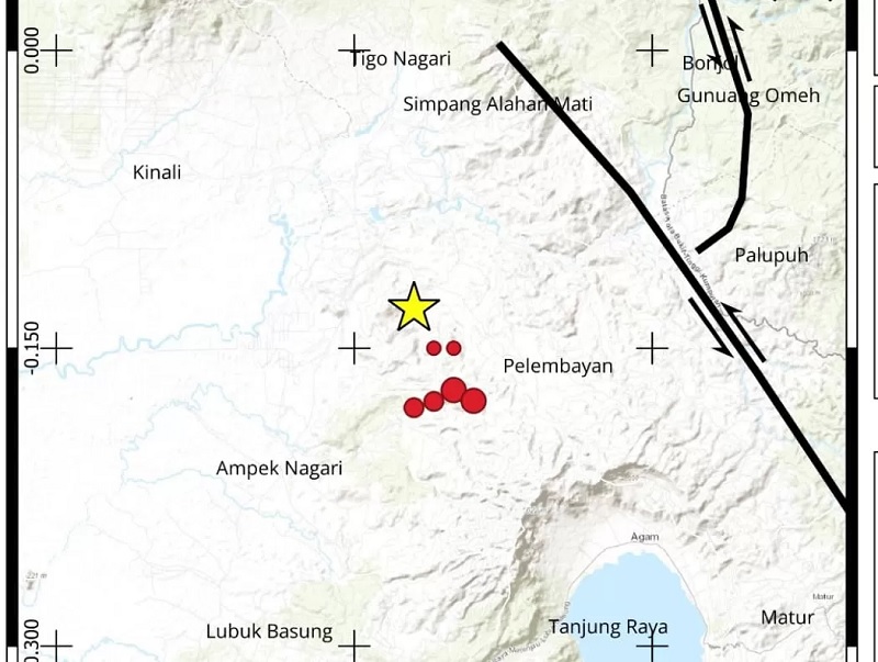 Update peta sebaran gempa dengan magnitudo utama 4.7 di Agam Sumatera Barat diikuti 6 gempa susulan sampai pukul 19.00 WIB.