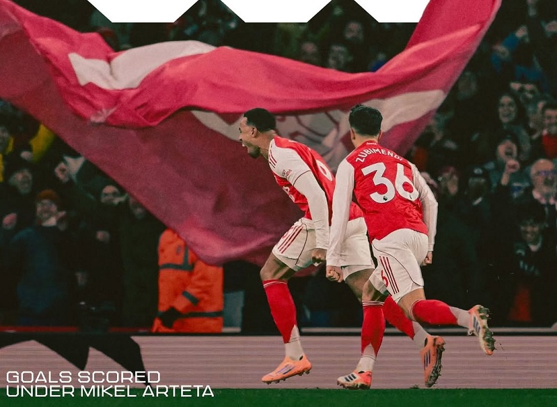 Gabriel Magalhaes dan Matin Zubimendi melakukan selebrasi usai mencetak gol pembuka Arsenal saat menghajar Aston Villa 4-1 di Emirates.