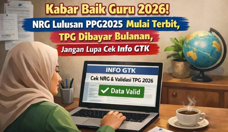 Ilustrasi tampilan halaman Info GTK yang menunjukkan Nomor Registrasi Guru (NRG) telah terbit namun masih menunggu proses validasi dari pusat.