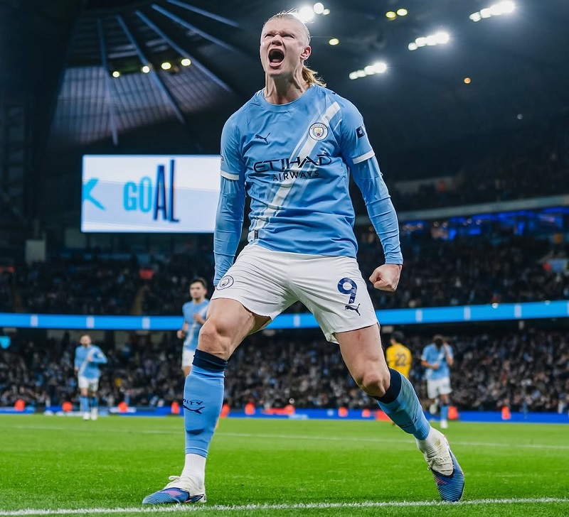 Striker Manchester City Erling Haaland mencetak gol ke-150 bagai mnanchester City saat imbang 1-1 melawan Brighton di Etihad Stadium.