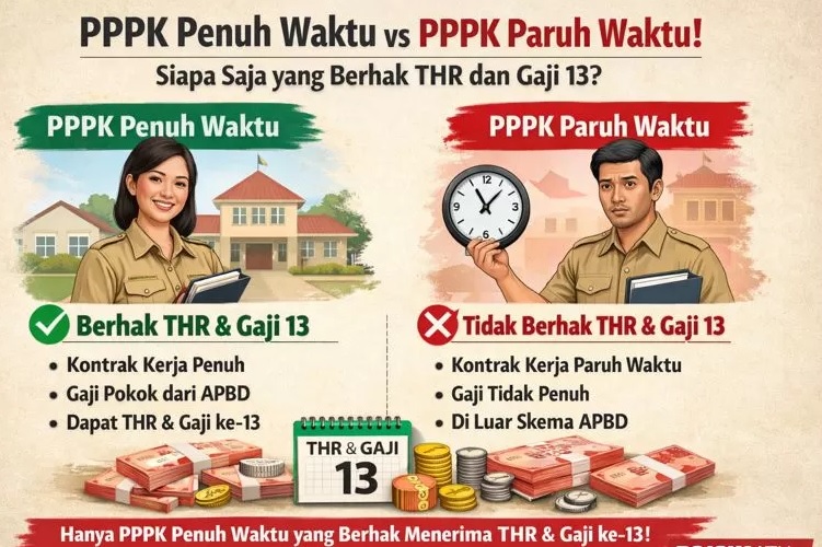 Perbedaan PPPK penuh waktu dan paruh waktu menentukan hak THR dan gaji ke-13 sebagaimana PP 11 Tahun 2025.