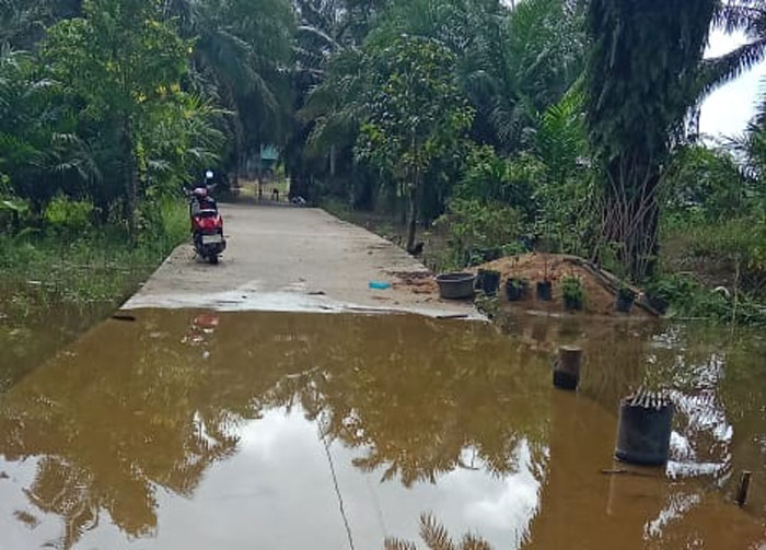 Kondisi banjir yang merendam badan Jalan Lingkungan di Desa Rantau Baru Kecamatan Pangkalan Kerinci yang mulai perlahan turun dampak menurunnya elevasi air sungai Kampar, Ahad (11/1/2026) sore.