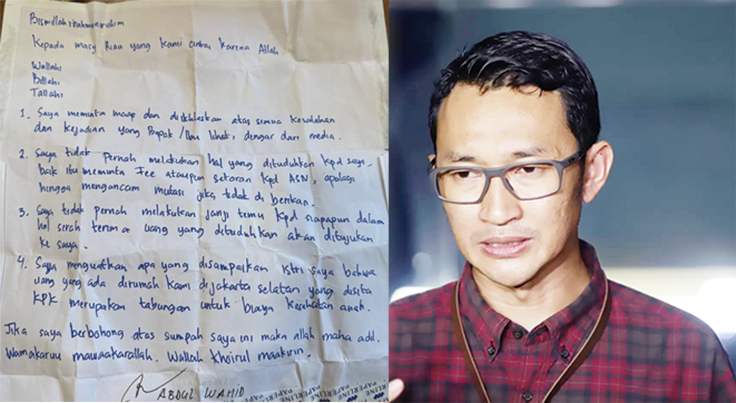 Foto 1: Surat tulisan tangan Abdul Wadid, Foto2: Budi Prasetyo, Juru bicara KPK.
