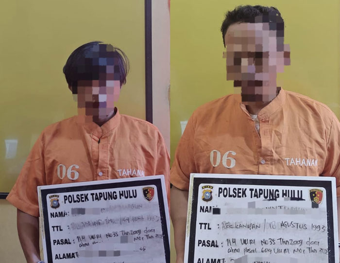 Jajaran Polsek Tapung Hulu amankan dua pelaku tindak pidana sabu-sabu berinisial AG (32) dan MA (34) di gubuk Jalan Dusun 5 Koto Malako Jaya KM 48 Blok 34, Tapung Hulu, Kampar, Rabu (14/1/2026).