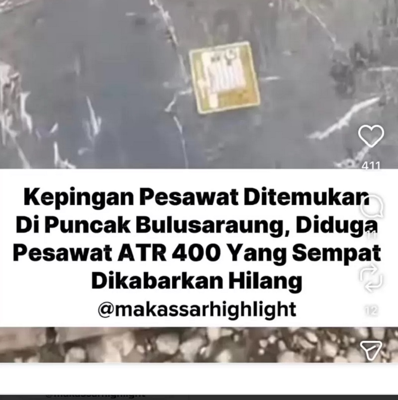 Pesawat ATR 400 diduga jatuh dan ditemukan oleh warga di sekitar kawasan Gunung Bulusaraung.