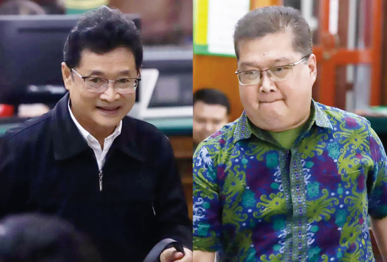 Mantan Wakil Direktur Keuangan Jawa Pos Basuki (kiri) dan Dosen Unair Bambang Sugeng Ariadi Subagyono saat menghadiri sidang sengketa kepemilikan PT Dharma Nyata Press di PN Surabaya.