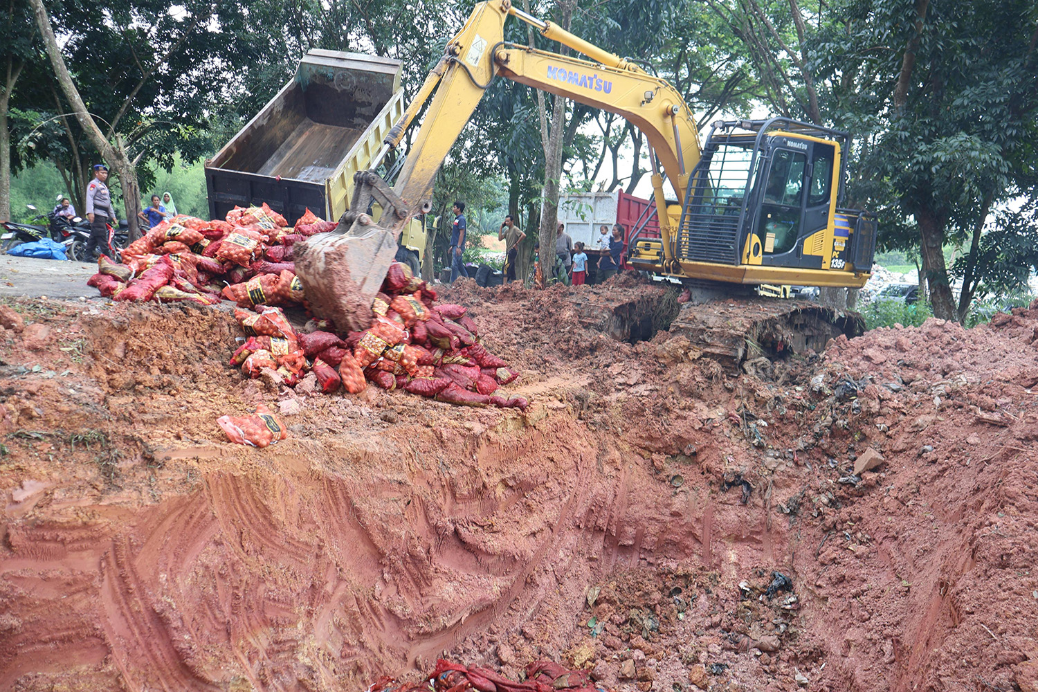 Pemusnahan bawang ilegal hasil pengungkapan kasus penyeludupan menggunakan alat berat di tempat pembuangan akhir sampah di Desa Kemang, Kecamatan Pangkalankuras, Pelalawan, Selasa (20/1/2026).