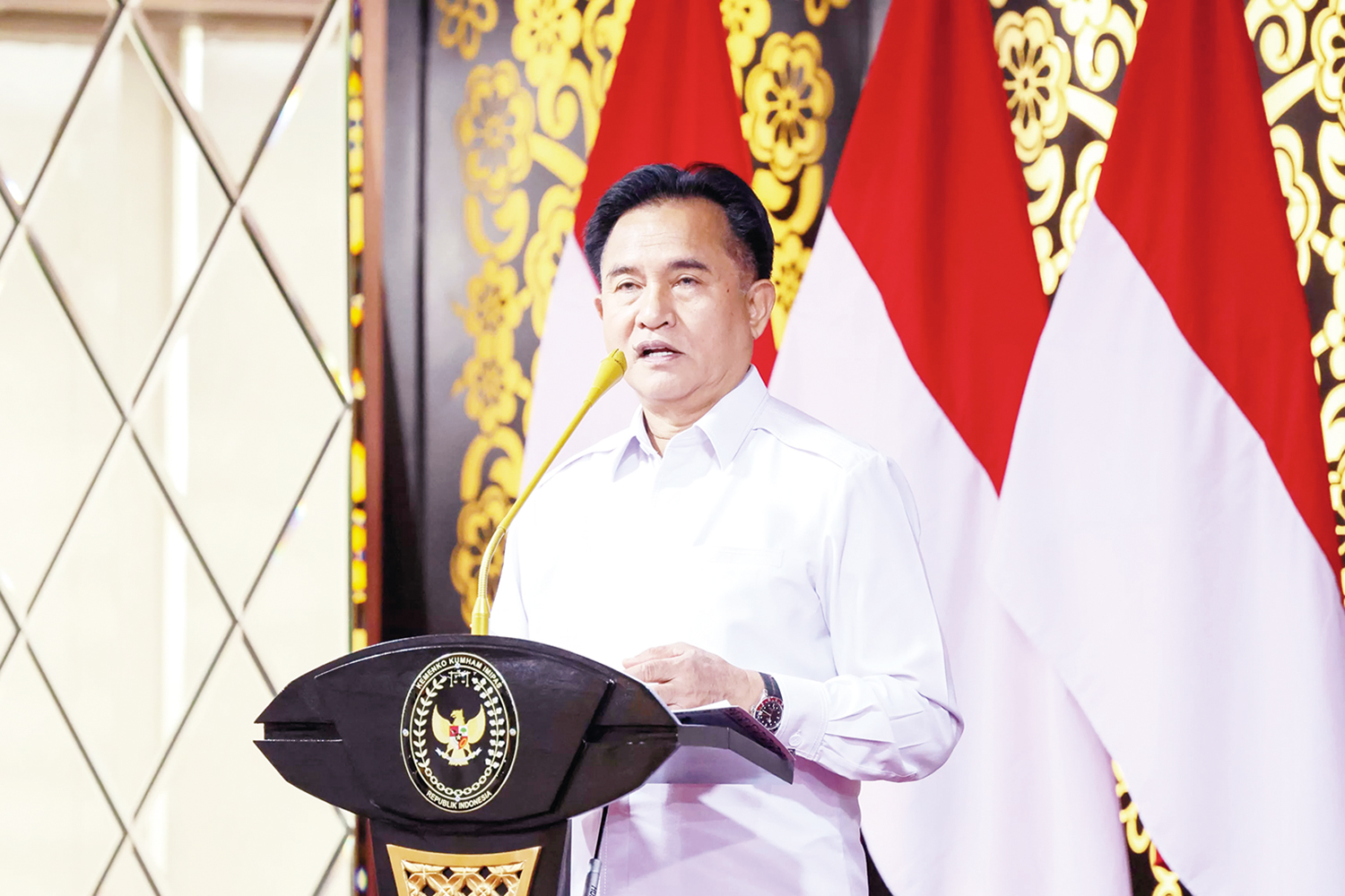 Menteri Koordinator Bidang Hukum, HAM, Imigrasi, dan Pemasyarakatan Yusril Ihza Mahendra saat menyampaikan pidato dalam salah satu acara di Jakarta, belum lama ini.