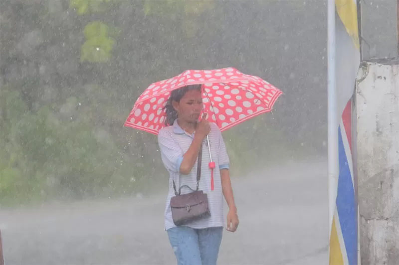 Warga gunakan payung ketika hujan mengguyur Kota Pekanbaru.
