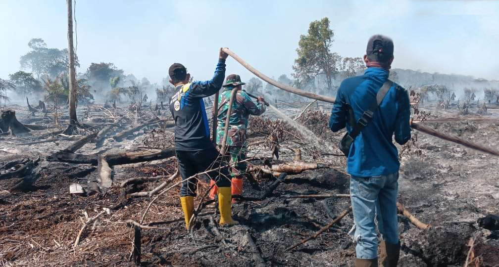 Tim gabungan memadamkan api dan melakukan pendinginan di beberapa titik lahan gambut perkebunan sawit masyarakat di Desa Sukoharjo Mesin, Rupat, Sabtu (24/1/2026).