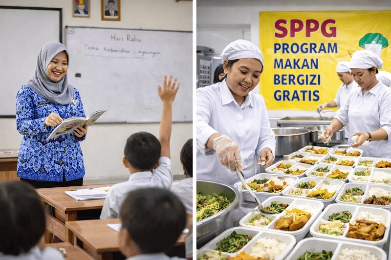 Guru honorer di ruang kelas dan aktivitas dapur SPPG Program Makan Bergizi Gratis.