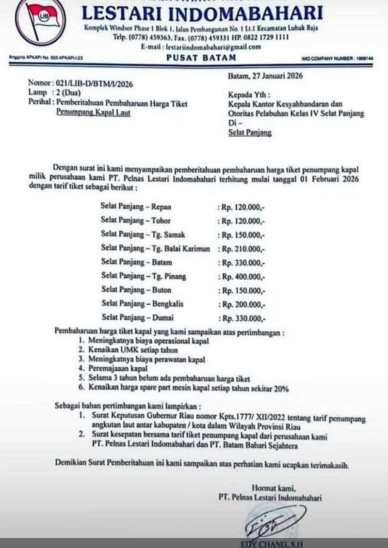 Surat pemberitahuan kenaikan harga tiket penumpang kapal dari Pelabuhan Tanjung Harapan.