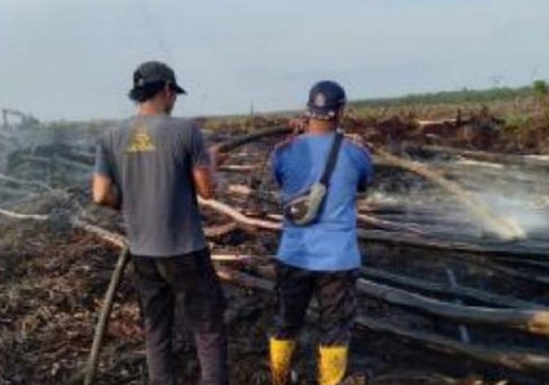 Tim sedang melakukan pendinginan di lahan perusahaan yang terbakar di Kampung Buatan I, Kecamatan Koto Gasib, Kabupaten Siak, Selasa (27/1/2026).