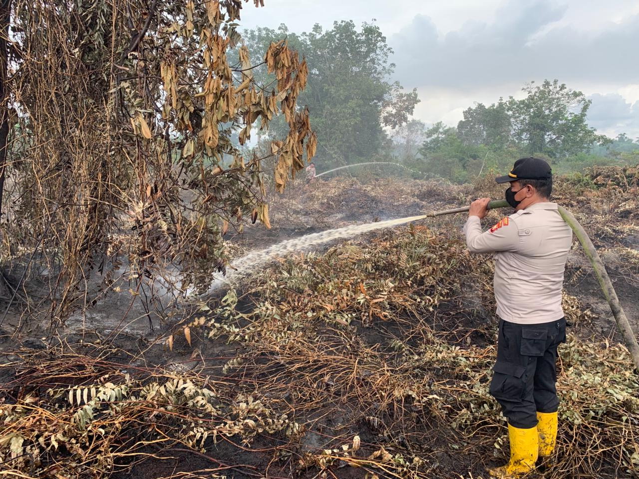 Kapolres Pelalawan AKBP John Louis Letedara SIK ikut melakukan pemadaman karhutla di Jalan Lintas Timur km 73 Tanjung Raya, Kelurahan Pangkalan Kerinci Kota, Kecamatan Pangkalan Kerinci, Jumat (30/1/2