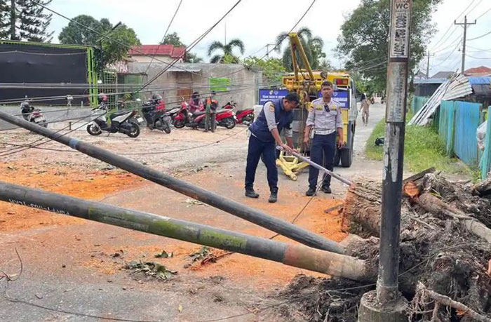 Tiang fiber optik tumbang di Jalan Rindang, Kelurahan Tangkerang Labuai, Kecamatan Bukit Raya Pekanbaru.