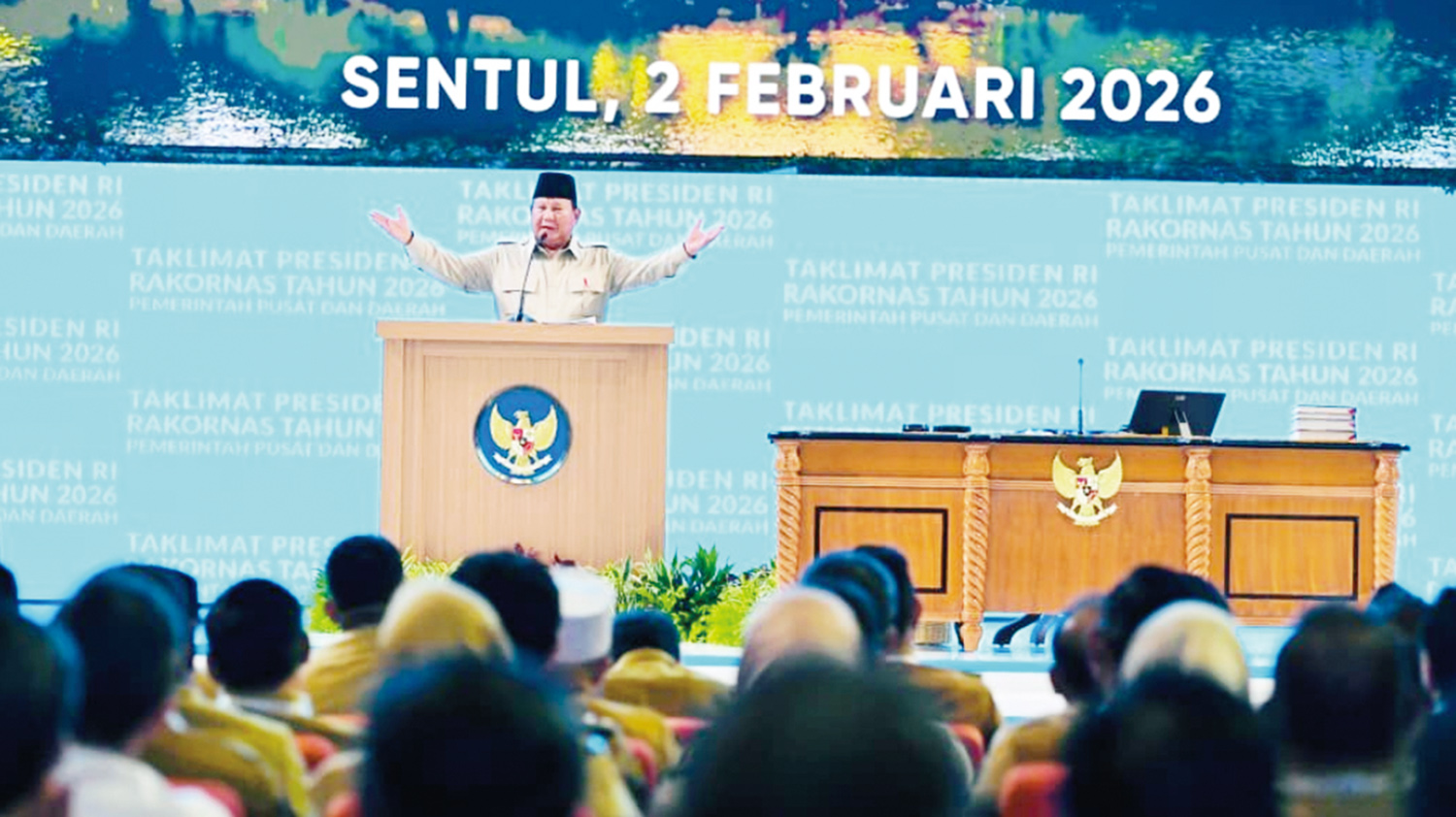Presiden Prabowo Subianto saat menyampaikan taklimat pada Rapat Koordinasi Nasional Pemerintah Pusat dan Daerah Tahun 2026 di Sentul International Convention Center (SICC), Bogor, Jawa Barat.