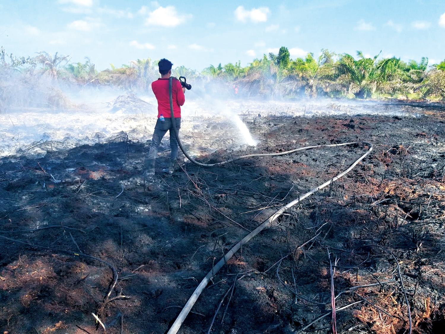 Personel tim gabungan sedang melakukan pendinginan terhadap lahan gambut 1 hektare yang terbakar di Desa Benayah, Kecamatan Pusako, Kabupaten Siak, Rabu (4/2/2026).