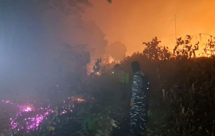 Personel TNI Angkatan Laut bersama tim gabungan melakukan pemadaman api kebakaran hutan dan lahan (karhutla) di kawasan gambut Desa Kelebuk, Kecamatan Bengkalis, Kamis  (5/2/2026) malam.