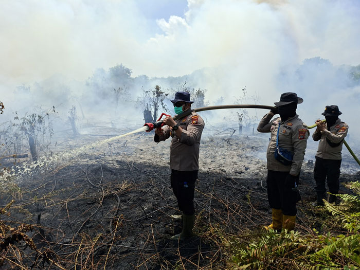 Kapolsek Kuala Kampar, AKP Rian Onel SH, MH bersama personil melakukan pendinginan titik api karhutla di Desa Sungai Upih yang telah berhasil dipadamkan, Jumat (6/2/2026).
