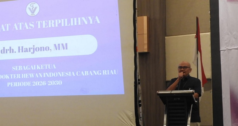 Ketua PDHI Cabang Riau terpilih drh Harjono MM memberikan sambutan pada Musangcab PDHI Cabang Riau pada Sabtu (7/2/2026) petang.