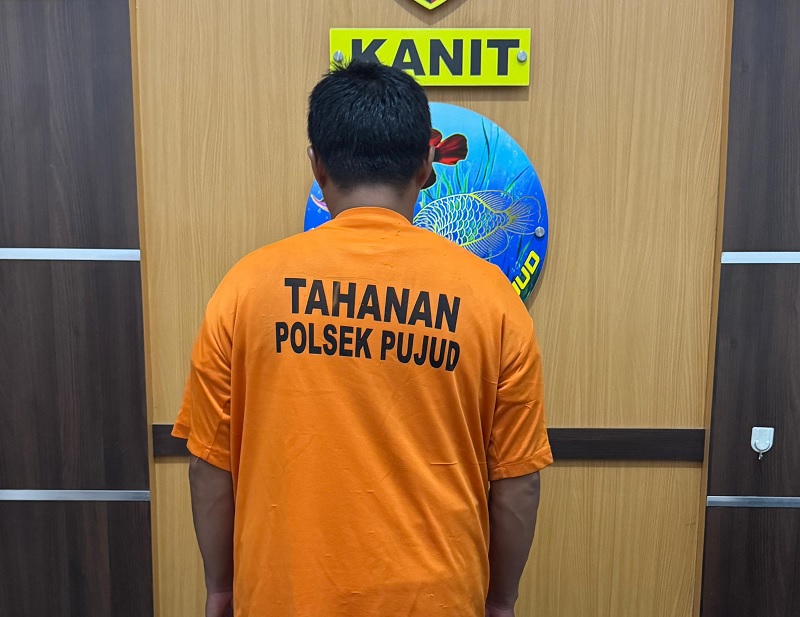 Tersangka Bi saat diamankan bersama sejumlah barang bukti di Mapolsek Pujud.
