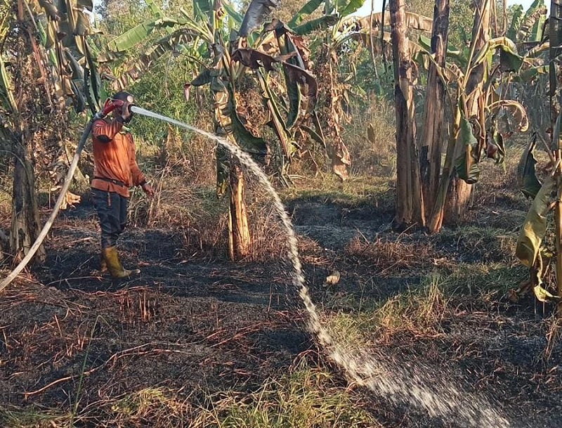 Petugas melakukan pendinginan karthula yang terpantau di Jalan Pramuka, Kecamatan Tebingtinggi Kepulauan Meranti, Ahad (8/2/2026).