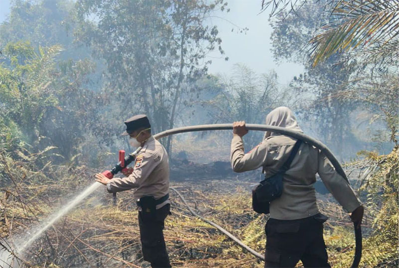 Petugas dari Polres Bengkalis saat melakukan pendinginan di lahan yang terbakar, Selasa (10/2/2026) petang.