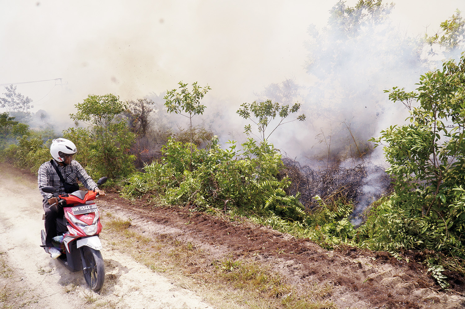 Warga melintas di Jalan Niaga ketika asap putih membumbung tinggi saat kebakaran lahan gambut di Desa Rimbo Panjang, Kabupaten Kampar, Riau, Kamis (12/2/2026). Cuaca panas dan sulitnya sumber air di lokasi kebakaran membuat api dengan cepat membakar lahan
