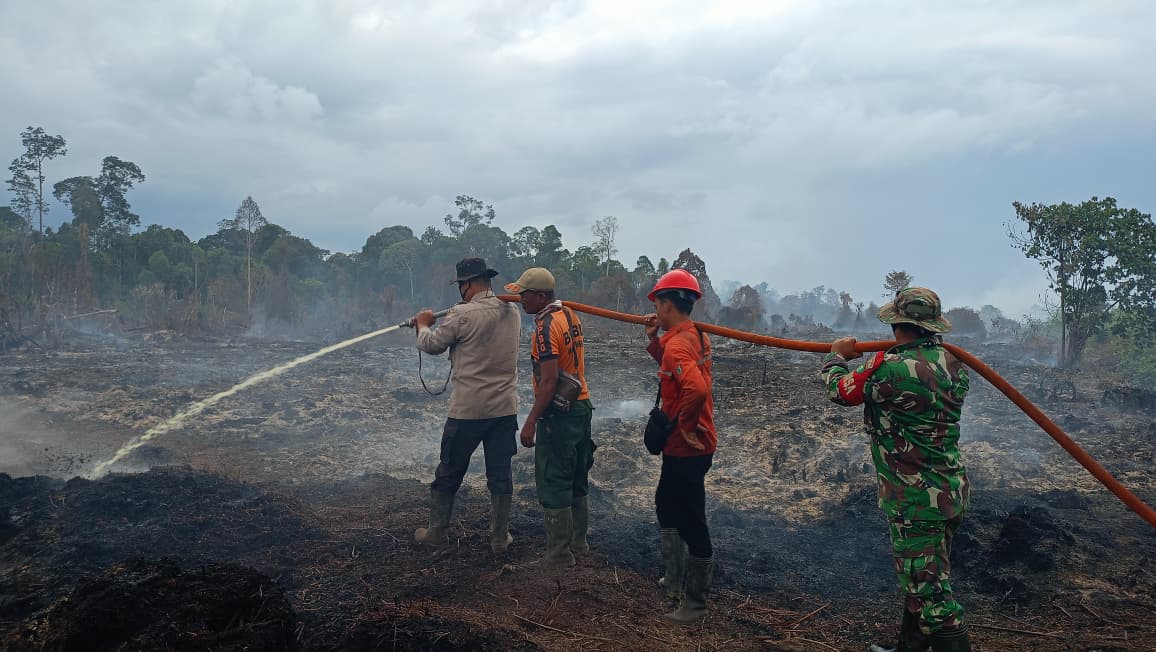 Personel gabungan melakukan pemadaman dan pendinginan karhutla di Desa Simpang Gaung, Kecamatan Gaung, Kabupaten Inhil, Senin (16/2/2026). ((Istimewa))