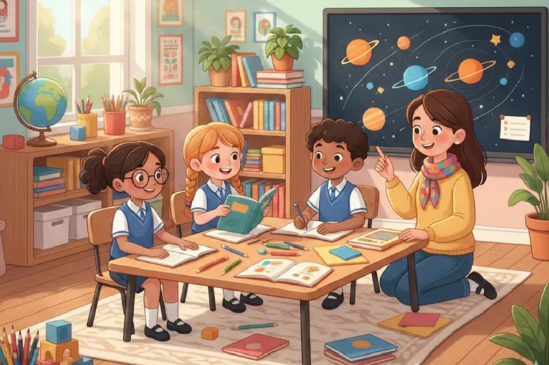 Ilustrasi anak sekolah yang sedang belajar bersama gurunya.