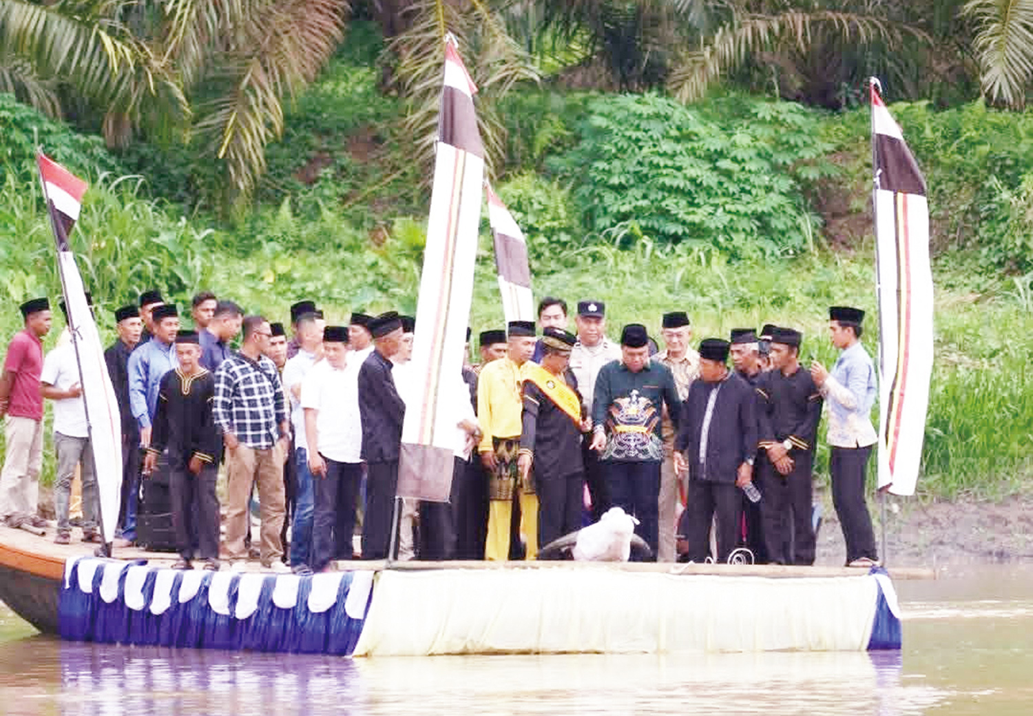 Prosesi menjatuhkan kepala kerbau ke Sungai Kuantan dalam helat tradisi Mambasue Nogori masyarakat IV Koto Lubuk Ambacang Kecamatan Hulu Kuantan, Kuantan Singingi, Ahad (15/2/2026) siang.