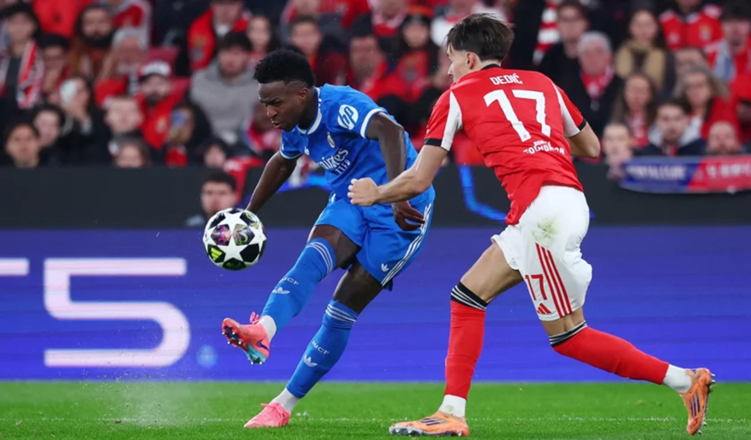 Penyerang Real Madrid, Vinicius Junior, menendang bola dalam kawalan bek Benfica Amar, Dedic pada, leg pertama babak play-off Liga Champions di Estadio da Luz, Lisbon, Rabu (18/2/2026) dini hari WIB.
