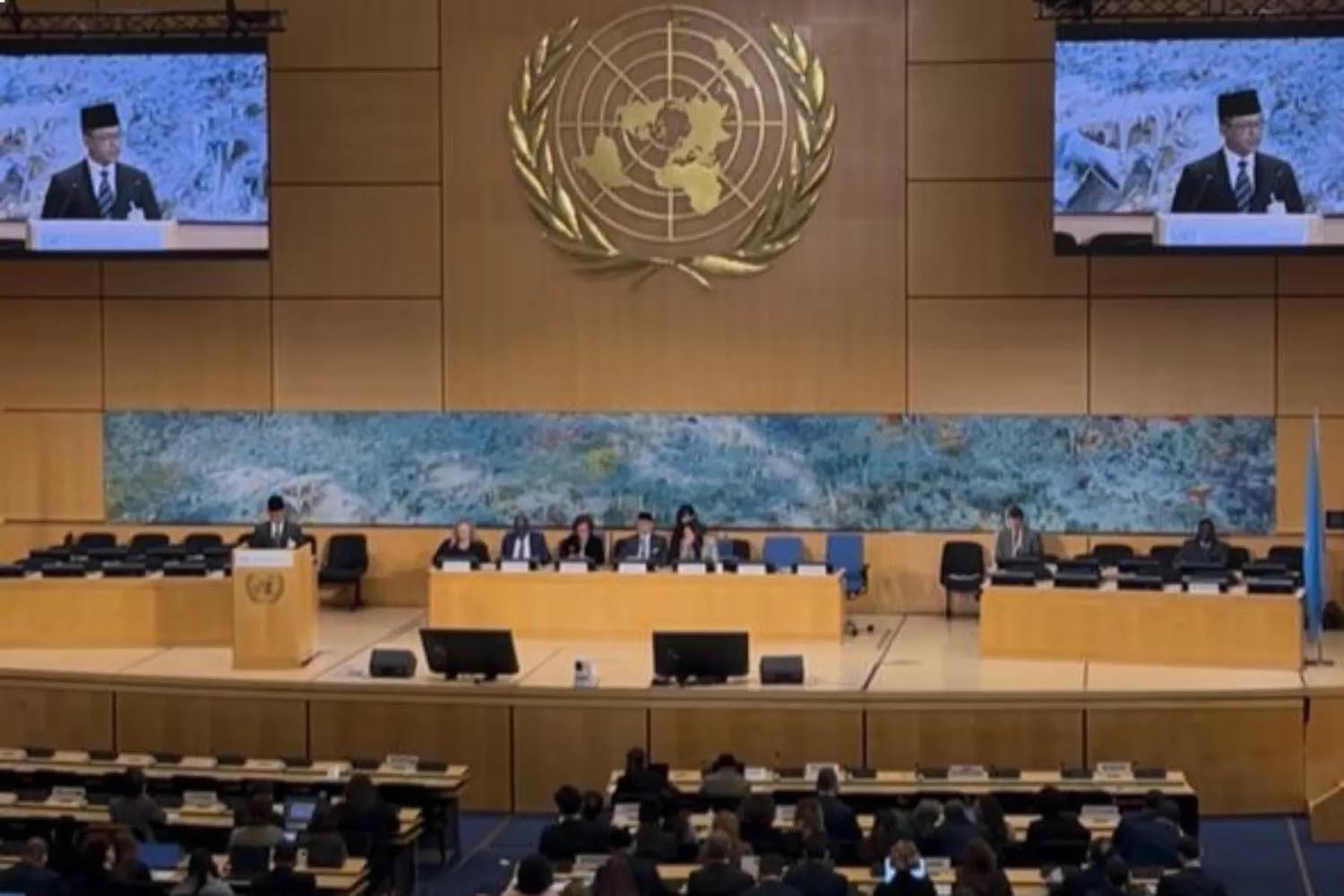 Menteri Luar Negeri Sugiono memberikan pernyataan nasional soal Palestina di High Level Segment (HLS) ke-61 Dewan HAM PBB di Markas Besar PBB Jenewa, Swiss, Senin (23/2/2026). 