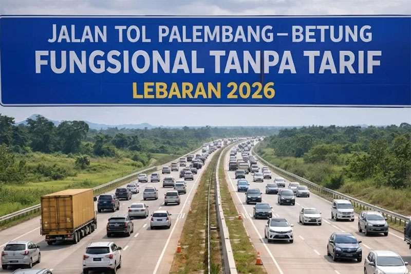 Kondisi Jalan Tol Palembang-Betung yang difungsionalkan tanpa tarif saat Lebaran 2026. Mudik tahun ini diprediksi bakal pecahkan rekor.  