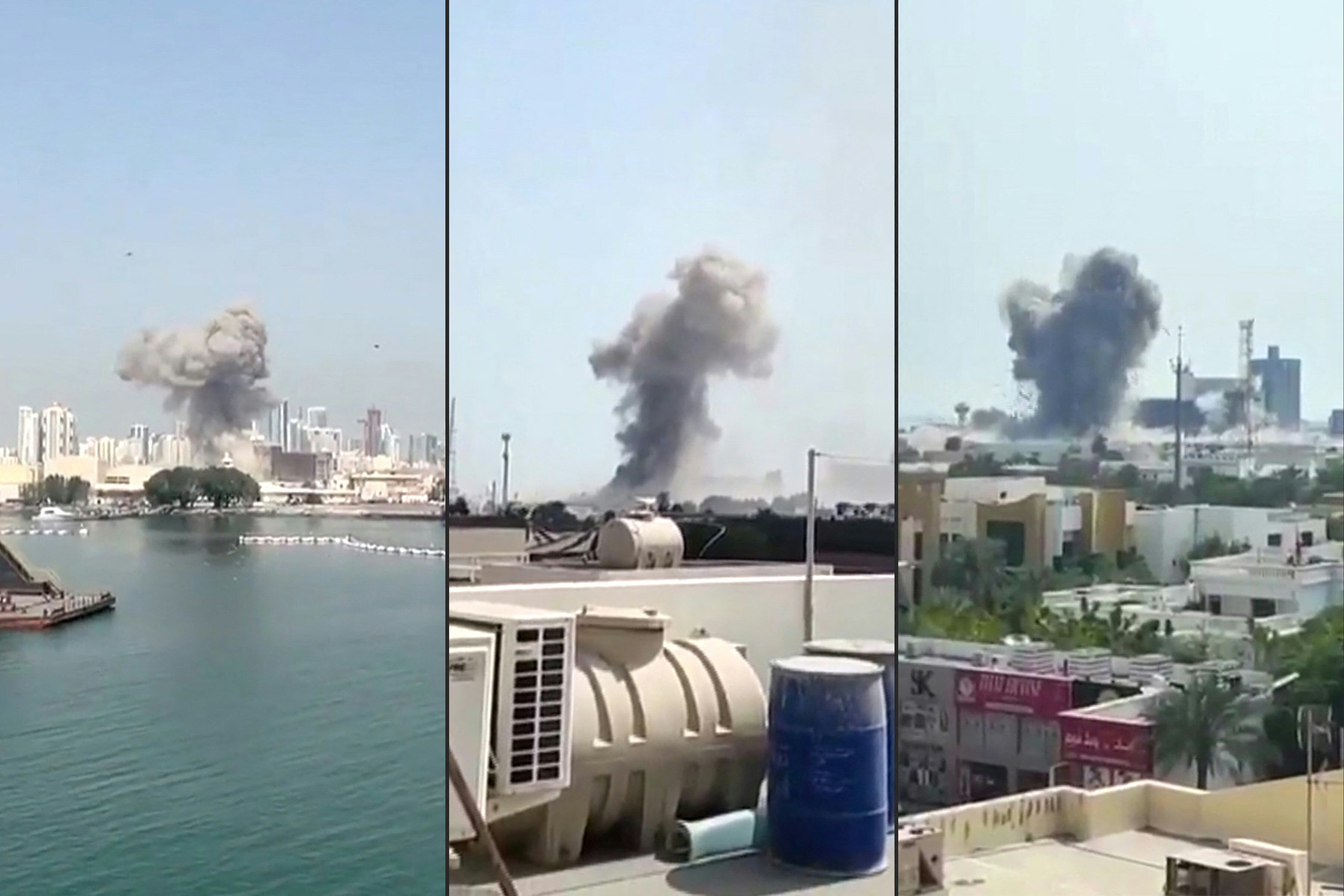 (COMBO) This combination of video grabs created on February 28, 2026 and taken from UGC images posted on social media on the same day and verified by AFPTV teams in Paris, shows show the moment of a strike on a US base in Bahrain. A centre for the US Fift