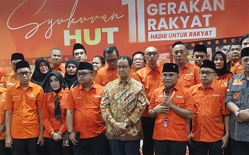 Anies Baswedan hadiri perayaan satu tahun ormas Gerakan Rakyat, Jumat (27/2/2026).  