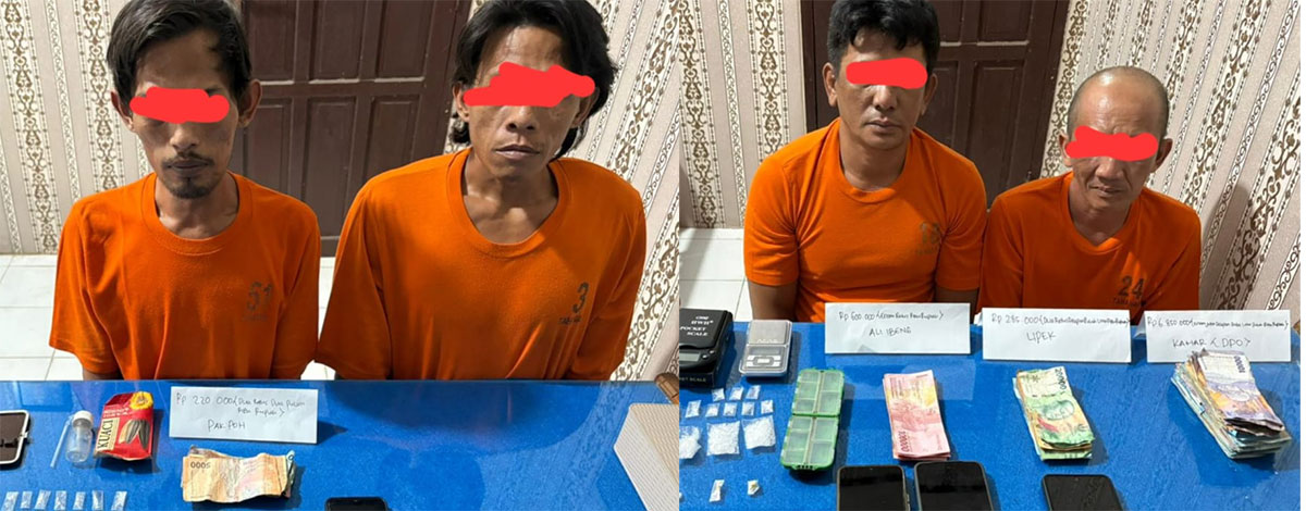 Empat orang pelaku saat diamankan bersama barang bukti narkoba di Mapolsek Enok, Senin (2/3/2026)