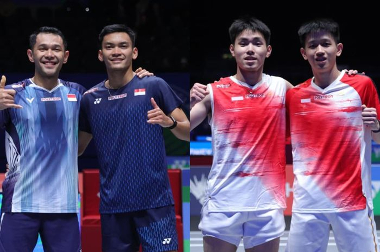 Kolase foto Fajar Alfian/Muhammad Shohibul Fikri (kiri) dan Raymond Indra/Nikolaus Joaquin, yang akan saling berjumpa di 16 besar di All England Open 2026 hari ini, Kamis (5/3/2026).