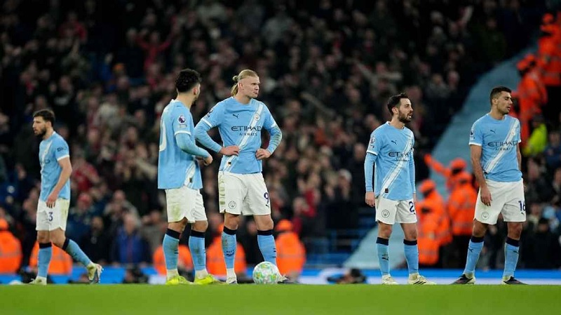 Ekspresi para pemain Manchester City setelah kebobolan gol dalam laga imbang 2-2 vs Nottingham Forest dalam lanjutan Liga Premier di Etihad Stadium