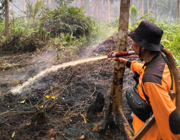 TRC BPBD Inhil melakukan pemadaman lahan di Kelurahan Tanjung Pidada, Kecamatan Tempuling, Kabupaten Inhil, Jumat (6/3/2026).