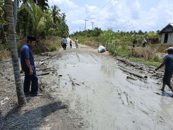 Dinas PUPR Inhil bersama Camat dan Kepala Dusun setempat meninjau kondisi jalan rusak di Parit Guntong, Pulau Kijang, Kecamatan Reteh yang akan dilakukan perbaikan, Jumat (13/3/2026). 