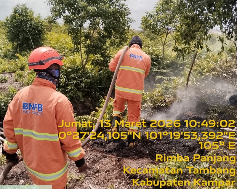 Satgas TRC BPBD Kampar, Damkar Kabupaten Kampar, serta masyarakat langsung melakukan upaya pemadaman dan pemblokiran api di Desa Rimbo Panjang, Kecamatan Tambang, Kabupaten Kampa.
