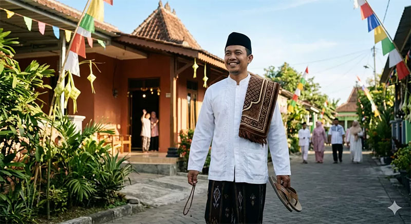 Umat Islam berangkat untuk melaksanakan salat Idulfitri di lapangan terbuka saat hari raya.
