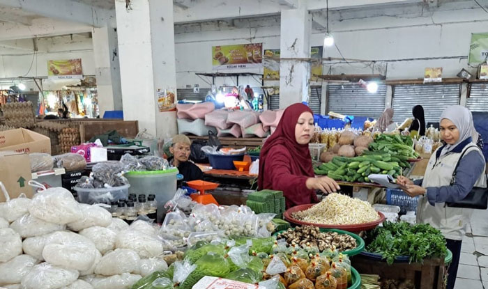 Petugas Disperindagkop UKM Kabupaten Inhu saat cek harga Bapok di Pasar Rakyat Kota Rengat, Rabu (18/3/2026).