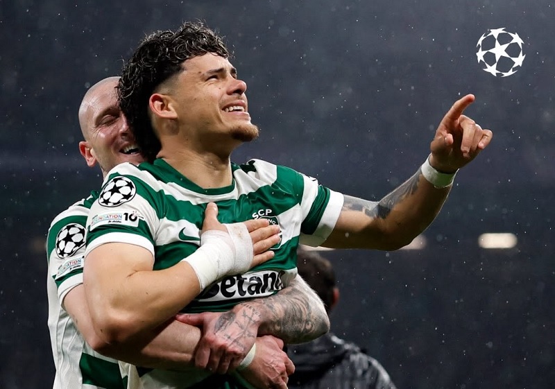 Maximiliano Ara&uacute;jo melakukan selebrasi usai mencetak gol keempat Sporting CP ke gawang Bodo/Glimt pada leg kedua babak 16 besar Liga Champions.