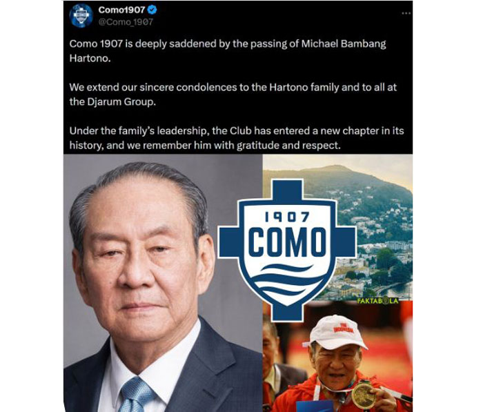 Klub Italia Como 1907 menjadi salah satu yang menyampaikan duka mendalam atas meninggalnya Michael Bambang Hartono 