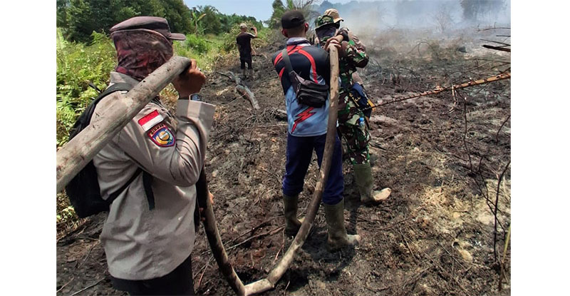 Petugas gabungan melakukan pendinginan api karhutla di Desa Kabumen, Kecamatan Rupat, Rabu (25/3/2026).