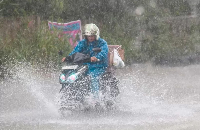 Ilustrasi pengendara motor melintas di tengah hujan