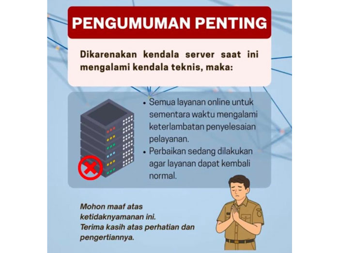 Disdukcapil Pekanbaru menghentikan sementara layanan perekaman dan pencetakan KTP-el serta KIA akibat gangguan teknis pada sistem server