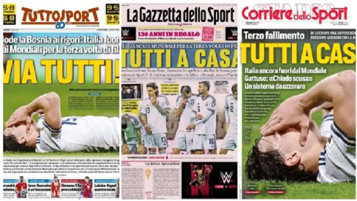 Media Italia seperti Tuttosport, Gazetta, Corriere dello Sport sorot kegagalan Italia lolos Italia ke Piala Dunia 2026 setelah kalah adu penalti dari Bosnia dalam play-off. (ESPN)